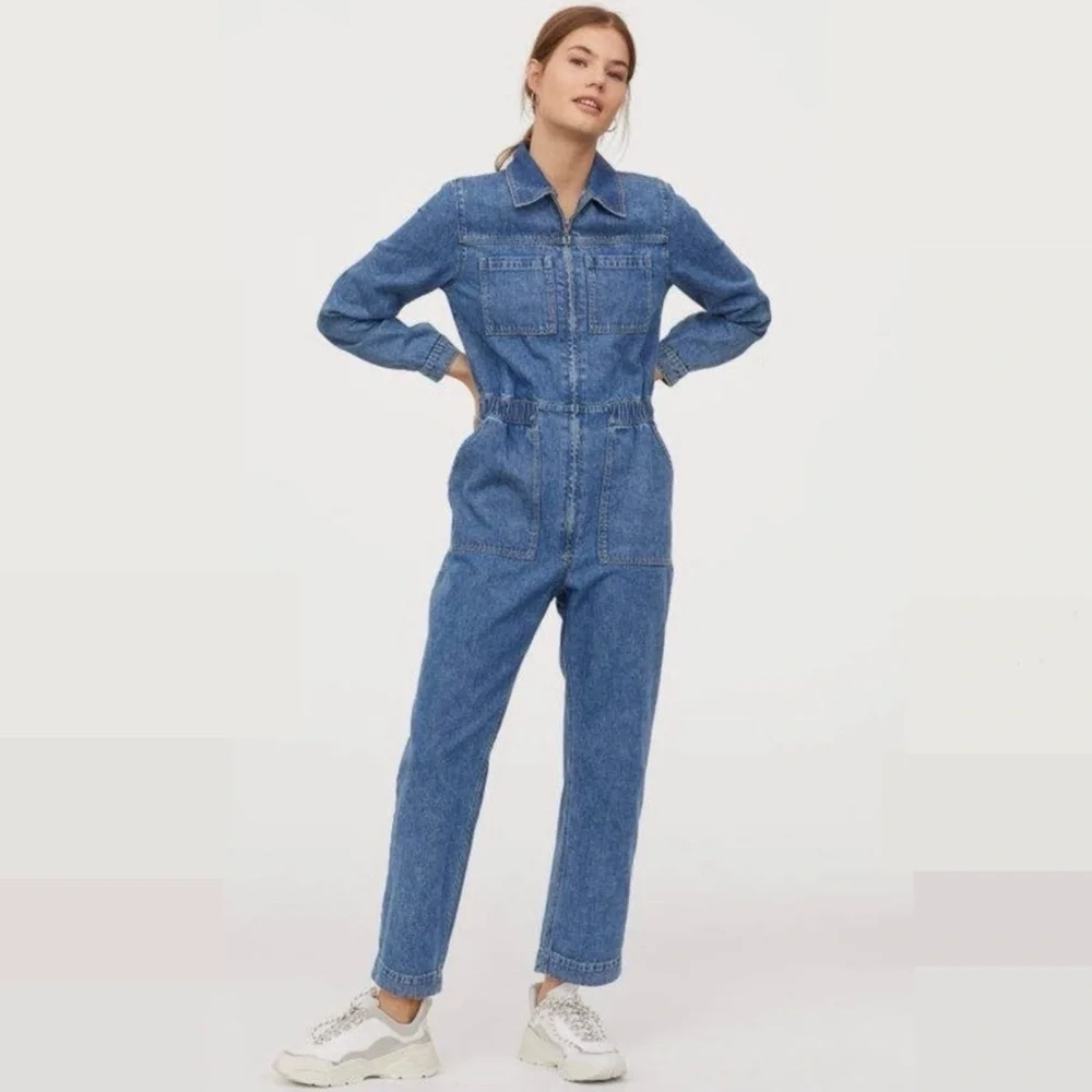 H&M Denim Boiler Jumpsuit Size 6 Sleeve Zip-Up Coveralls Blue Jeans Long New NWT